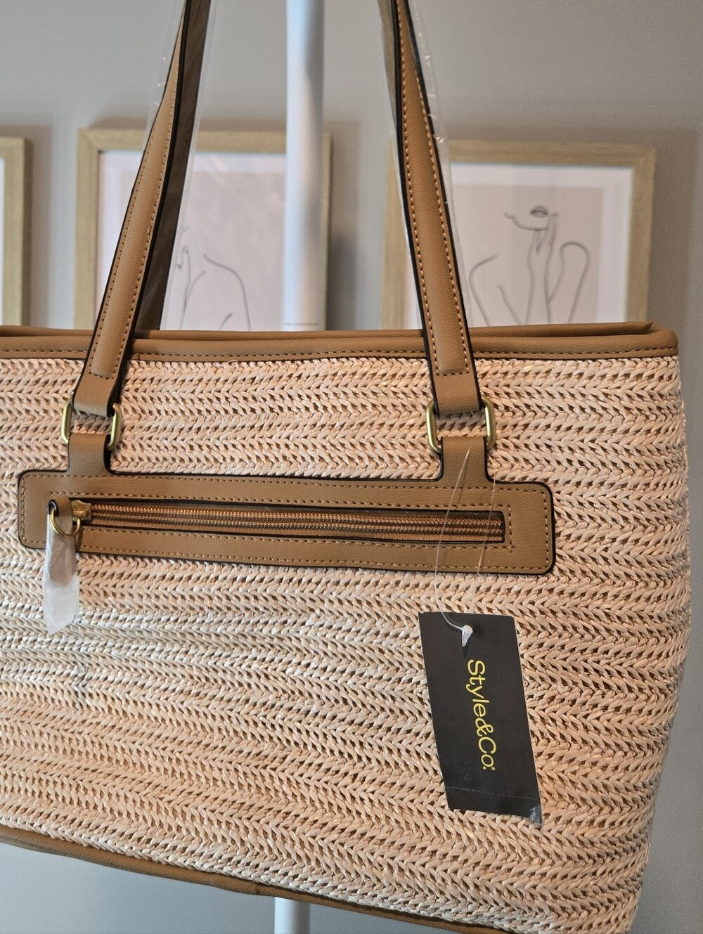 Style & Co. Natural Straw Tote with Tan Trim and Zip Pocket - Picture 16 of 16